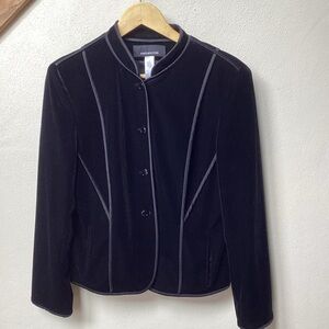 Black Stretch Velvet Women's Jacket Size 12 With Black Satin Piping Trim